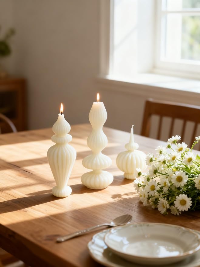 Set of 3 White Pillar Candles Soy Wax Scented Ribbed Candles for Home Decor, Housewarming Gift, Shelf & Table Decor - Aesthetic Modern Candles Set