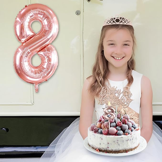 8th Birthday Decorations for Girls, Including 8th Birthday Sash and Tiara, Cake Topper and Candle, Number Balloon, 8 Year Old Girl Gifts
