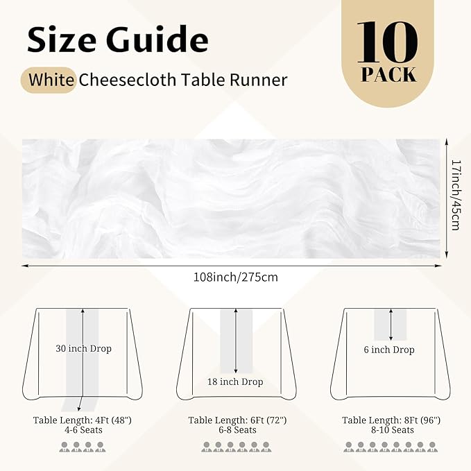 10 Pack White Cheesecloth Table Runner 17x108 Inch Semi Sheer Boho Gauze Cheese Cloth Table Runners, for Wedding Bridal Shower Birthday Party Home Decor Garden Farmhouse