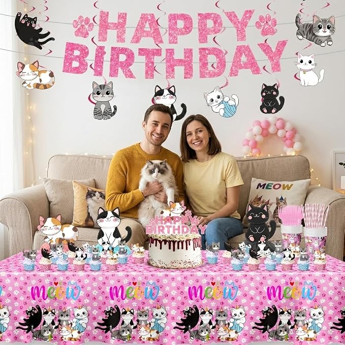 188PCS Cat Party Supplies Set - Complete Cat Themed Birthday Party Decorations with Plates, Cups, Napkins, Tablecloth, Honeycomb Centerpieces,Banner and Hanging Swirls