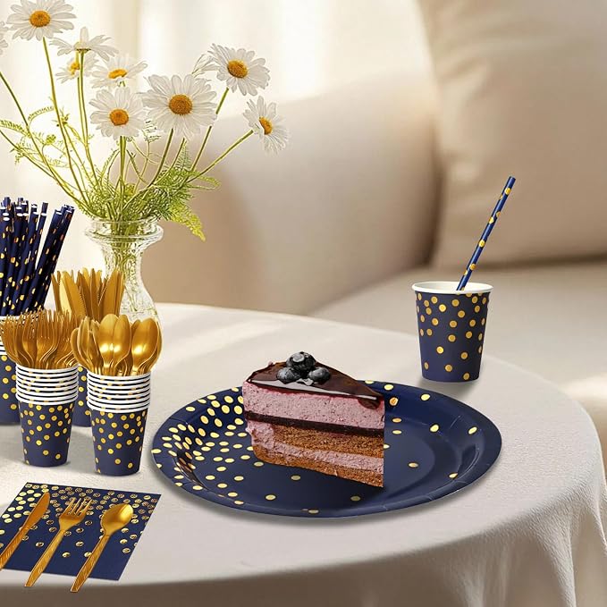Nkaiso 193 Pcs Navy Blue Gold Paper Plates and Napkins Party Supplies Sets Include Navy Blue Party Plate Cup Napkin Plastic Cutlery for Baby Shower, Wedding, Birthday Decoration -24 Guest