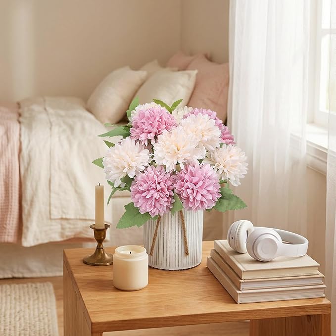 Pre-Made Flower Table Centerpieces, Set of 6 Artificial Silk Chrysanthemum with Farmhouse Metal Vases for Wedding, Birthday Parties, Home, Dining Table Decorations - Dusty Pink & Champagne