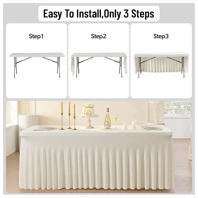 Leegleri 6 Pack Ivory Spandex Table Clothes for 6ft Rectangle Tables, Wrinkle Free Fitted Tablecloths for Parties, Weddings, Banquets, Baby Showers