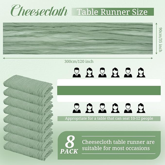 8 Pack Sage Green Cheesecloth Table Runner, 10Ft Boho Gauze Table Runner 35×120 Inch Rustic Romantic Long Table Runner for Wedding Party Bridal Shower Thanksgiving Christmas Decoration