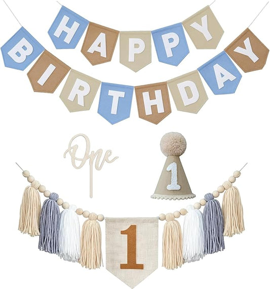 Felt Happy Birthday Banner 1st Birthday Decorations - High Chair Banner (Khaki)