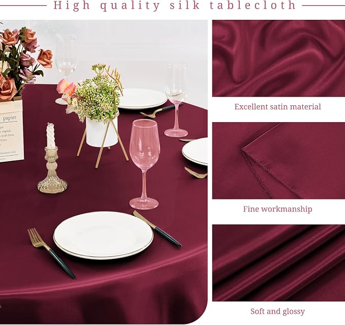 12 Pack 108 Inch Round Tablecloth, Burgundy Satin Fabric Tablecloth for Round Tables, Wrinkle Resistant Washable Table Cover Bright Silk Table Clothes for Wedding Party Dining Tables Banquet