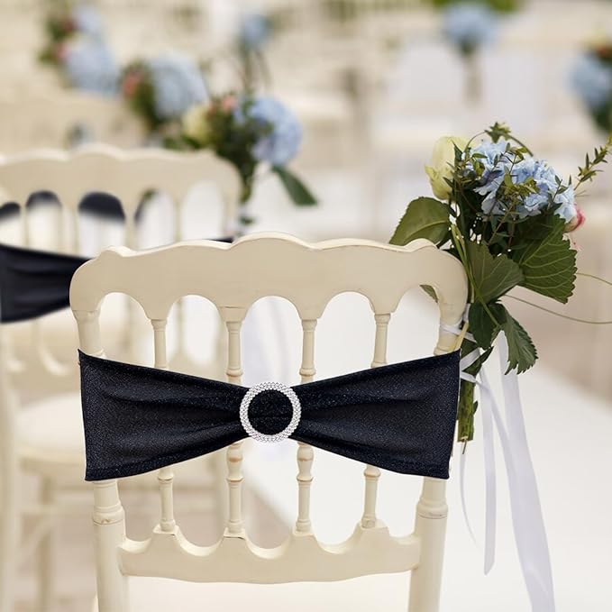 SquarePie Pack of 10 Black Chair Sashes Bows with Buckle Slider Universal Elastic Spandex Bands Ties for Banquet Event Decor