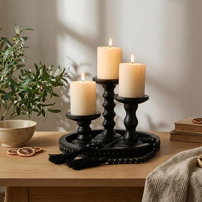 Reallnaive 8 Pcs Farmhouse Wood Candle Holders with Pillar Candles Set Wooden Rustic Candle Holders Round Decorative Serving Tray Bead Garland with Natural Wood Tassels for Table Centerpiece (Black)