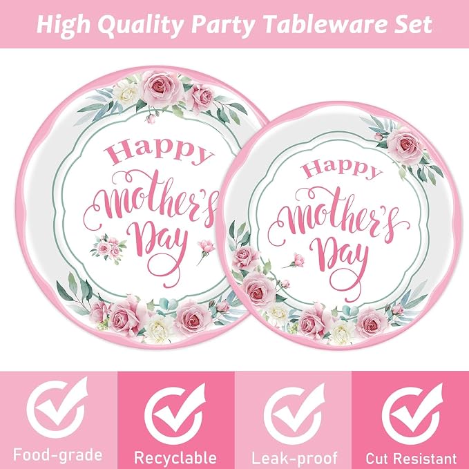 chiazllta 96 Pcs Happy Mother's Day Party Paper Plate and Napkins Set - 24 Guests, Pink, Spring Floral Design, Serves 24, Best Mom Ever Theme