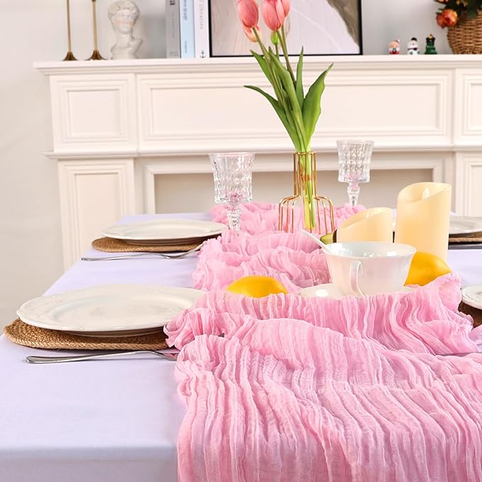 8 Pack Pink Cheesecloth Table Runner 10ft Boho Gauze 120 Inch Cheese Cloth Table Runner Rustic Sheer for Spring Holiday Baby Shower Party Décor Home Wedding Decoration