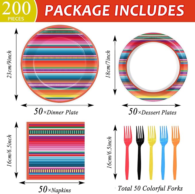 200PCS Mexican Paper Plates and Napkins Fiesta Taco Themed Party Supplies Mayo Mexican Party Decorations Serape Disposable Dessert Plates Dinner Tableware Set Stripe Mexico Dinnerware Favors