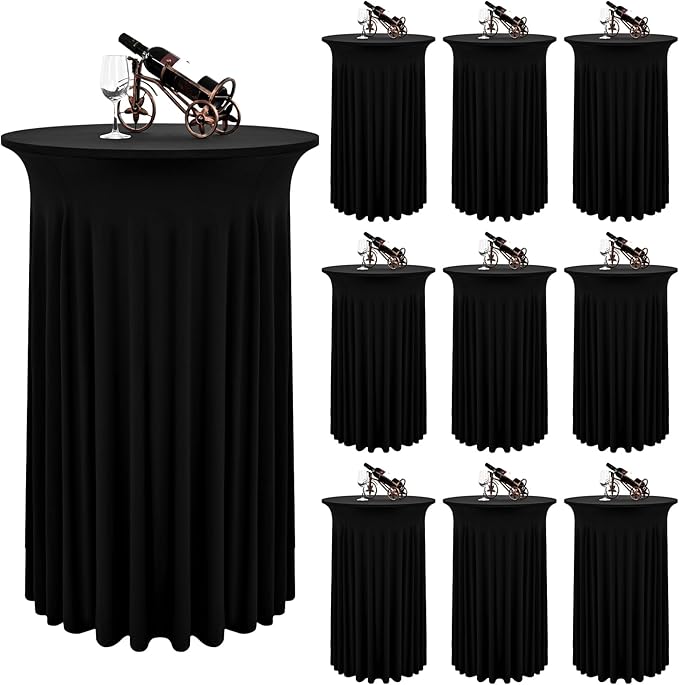 10 Packs Round Cocktail Table Skirt 24"x 43" Spandex Stretch Cocktail Tablecloth with Wavy Drapes, Black Spandex Fitted High Top Table Covers for Wedding Bar Party Birthday Banquet Tables
