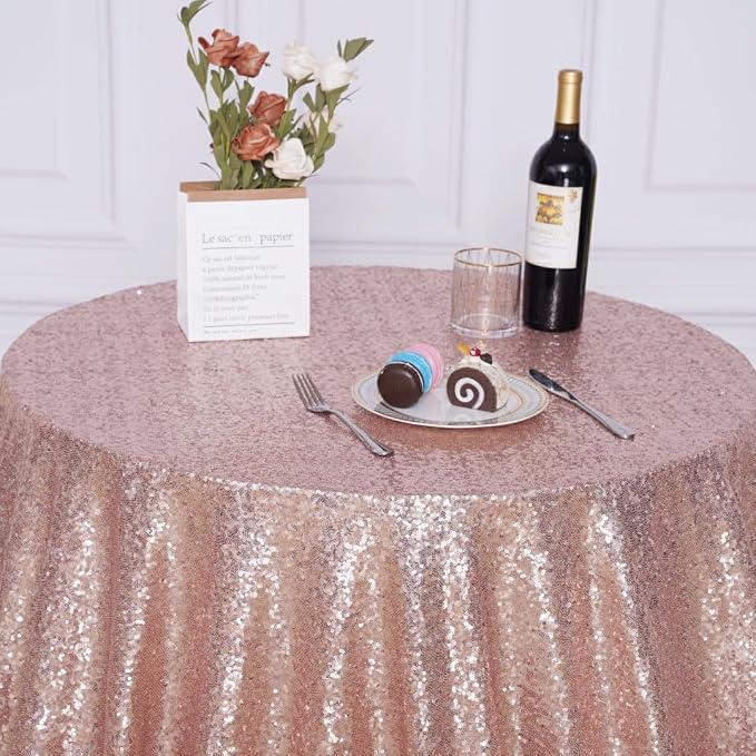 Poise3EHome 70 Inch Round Rose Gold Sequin Tablecloth for Party Cake Dessert Table Exhibition Events