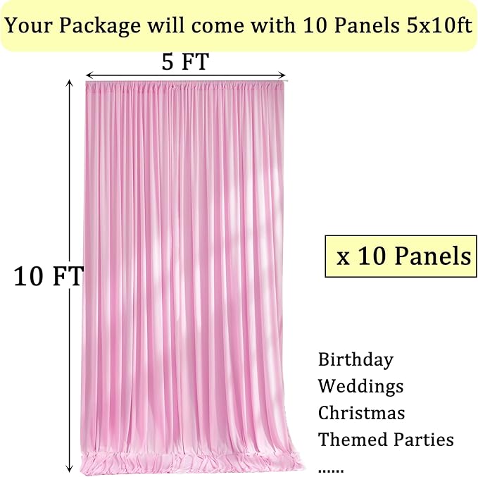 50ft x 10ft Wrinkle Free Pink Backdrop Curtains for Parties, 10 Panels 5x10ft Polyester Baby Pink Photo Backdrop Drapes for Weddings Birthday Party Photography Background Decor