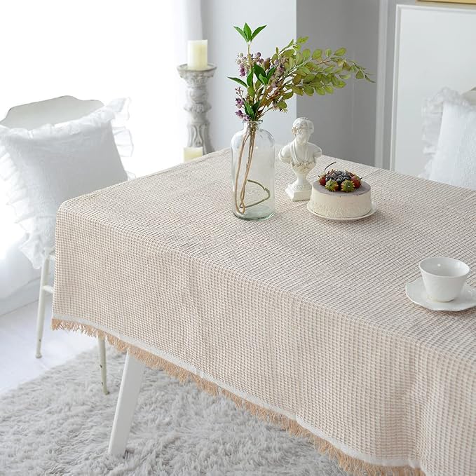 ARTABEL Cut Work Table Cloths with Lace Laser Die-Cut Exquisite Vintage Shabby Chic for Holiday Wedding Long Dinner Tables (Stone-1, 52 x 70 Inch)
