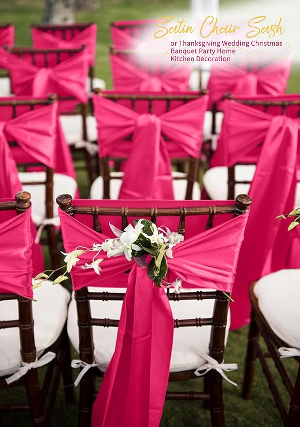 60 PCS Hot Pink Satin Chair Sashes, Ties Bows Designed Chairs Decorative, Chair Cover Sashes for Thanksgiving Wedding Christmas Banquet Party Home Kitchen Decoration (7 x 108 inch)