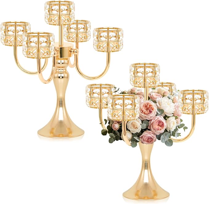 5 Arm Metal Crystal Candelabra Centerpiece - 13.4 Inch Elegant Candle Holder with Crystal Beads for Wedding Party Christmas Home Dining Table Decoration (2, Style-B-Gold)