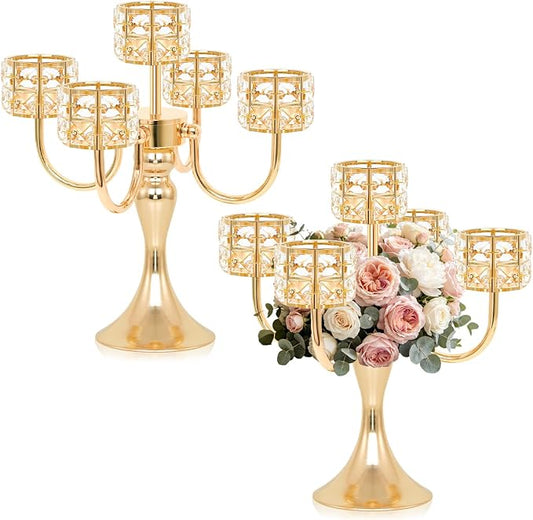 5 Arm Metal Crystal Candelabra Centerpiece - 13.4 Inch Elegant Candle Holder with Crystal Beads for Wedding Party Christmas Home Dining Table Decoration (2, Style-B-Gold)