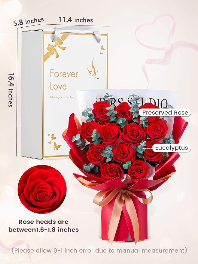 Mosstory 12 Red Preserved Roses Bouquet Flower Bouquet with Led Lights Gift for Women Wife Mother Day Birthday Wedding Anniversary (Red)