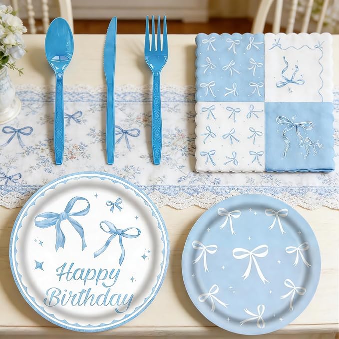 60Pcs Bow Party Supplies, Blue Bow Theme Party Decorations Include Blue Party Plates, Napkins, Forks, Knives, Spoons for Baby Shower Wedding Bridal Birthday Engagement Party Decor, Serves 10
