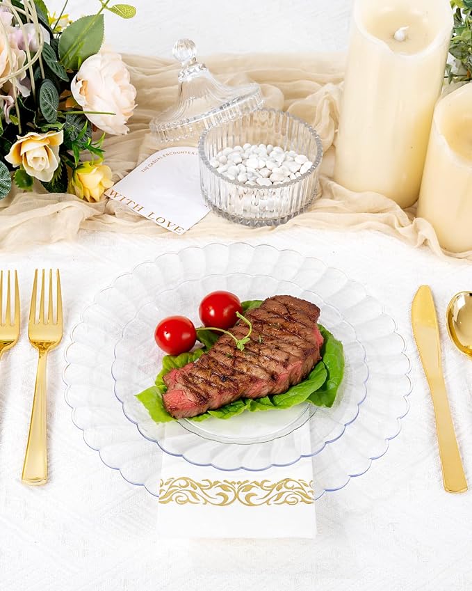 YOUBET 60PCS Clear Scalloped Plastic Plates - Premium Hard Disposable Facny Plastic Plates include 30 Dinner Plate, 30 Dessert Plate for Party & Wedding