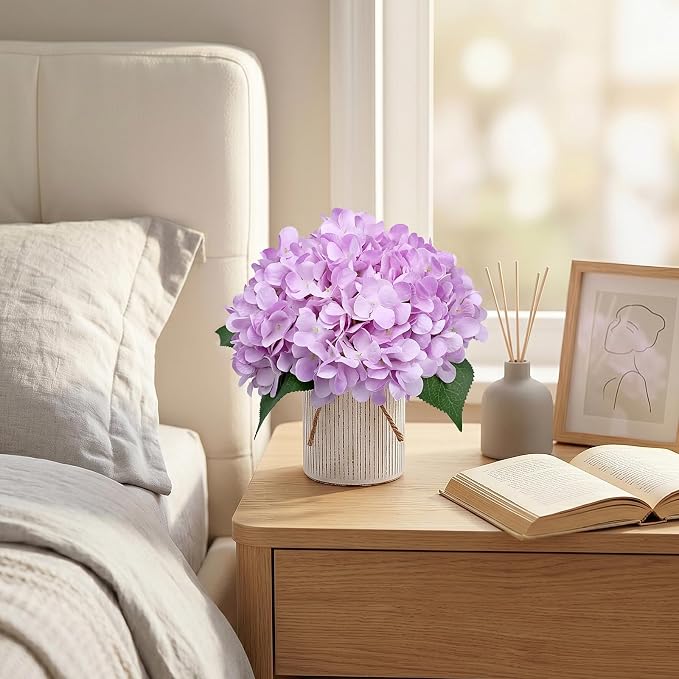 Set of 6 Flower Table Centerpieces - Lilac Fake Hydrangeas Floral Arrangement with Rustic Metal Vase for Baby Bridal Shower Birthday Party Event Wedding Decorations