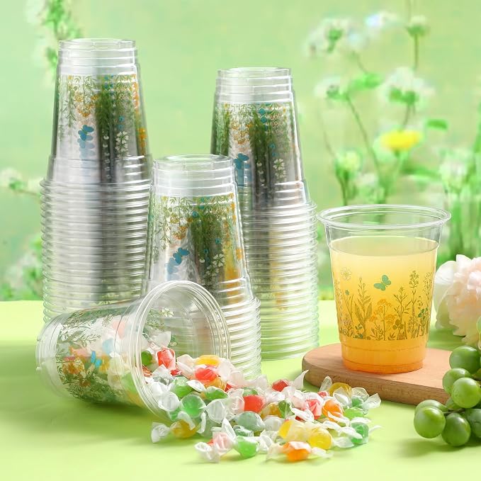Funnymoom 60 Pack Wildflowers Plastic Cups 12 oz Floral Botanical Disposable Clear Plastic Drinking Cups for Summer Spring Birthday Wedding Bridal Baby Shower Party Decoration Supplies
