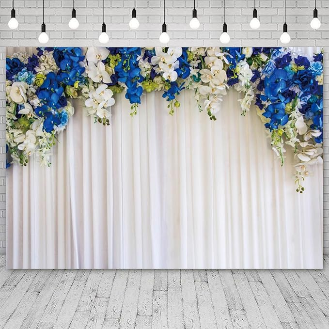 10x8ft White Wedding Backdrop White Blue Floral Flowers Photography Background Bride Groom Ceremony Party Bridal Shower Banner Decorations Engagement Proposal Portrait Photo Booth Prop