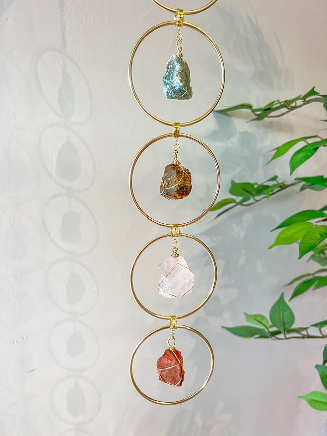 7 Chakra Crystal Hanging Ornament, Unique, Spiritual Boho Wall Decor, Raw Chakra Stones Amethyst Suncatcher, Rose Quartz Healing Crystal (Gold)