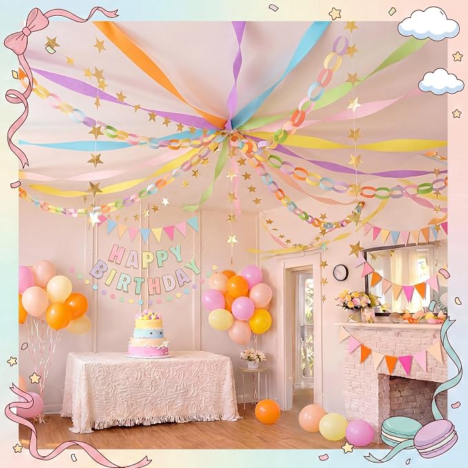 Mifoci 313 Pcs Happy Birthday Decorations Kit 300 Sheets Paper Chains Strips Birthday Felt Banner 492 ft Crepe Paper Streamers 52.4ft Star Garlands for Party Supplies DIY Crafts (Macaron Colors)