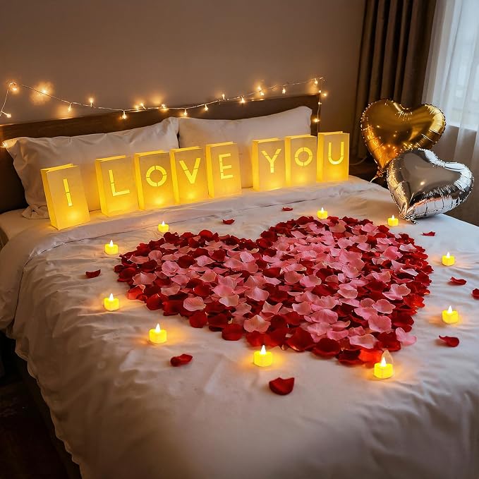 Valentines Day Decorations, Special Night Romantic Decorations - I Love You Light Up Letters Luminary Bags with Bright Flameless Tea Candles and Fake Rose Petals, Happy Anniversary