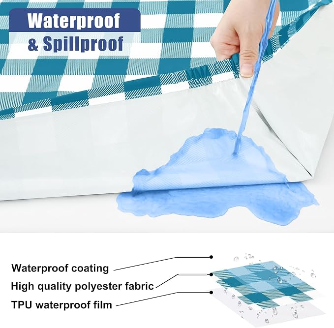 Smiry Picnic Table Cloth 6 Pack, Waterproof Elastic Fitted Tablecloths for 8FT Rectangle Tables, Washable Polyester Buffalo Plaid Tablecloth for Camping & Outdoor (Turquoise & White, 30" x 96")