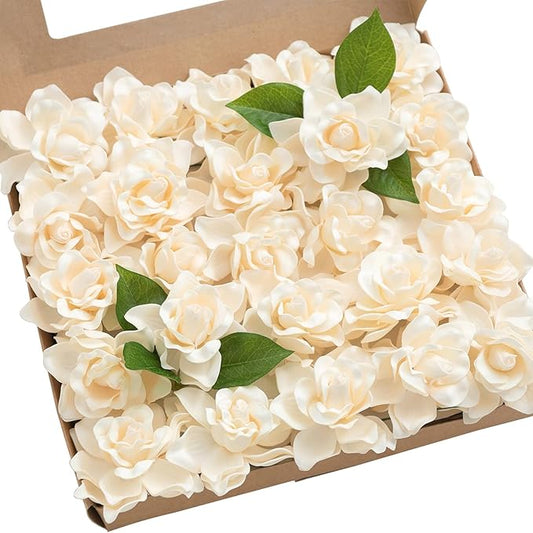 Ling's moment Flowers 25pcs Fake Gardenia Ivory Flowers Artificial Flowers with Stem, Fake Flower for DIY Wedding Decorations Centerpieces Bouquets Boutonnieres（Flores Artificiales para Decoracion）