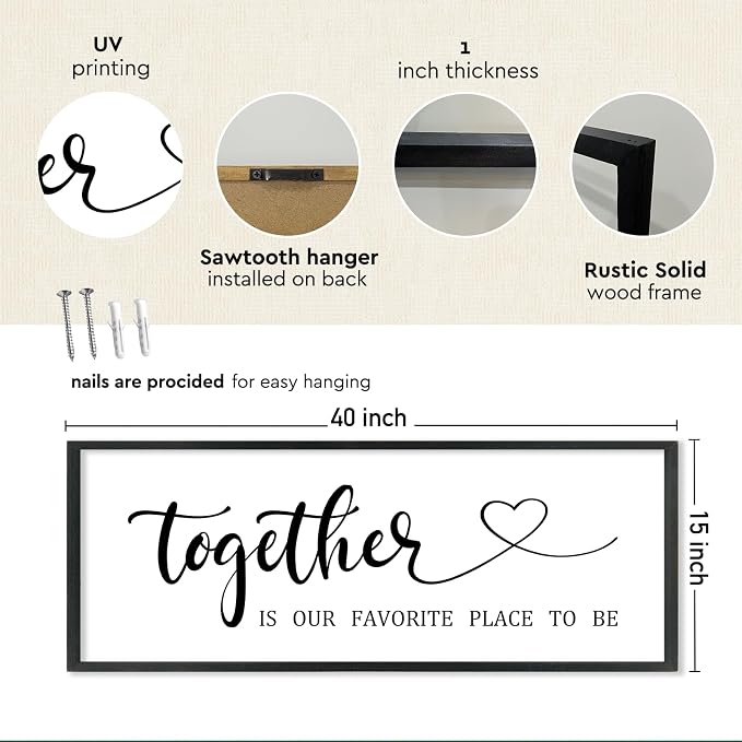 Couples Bedroom Decor Together is Our Favorite Place to Be Wall Art Sign | 40x15 Inch Black Wood Frame, Rustic Farmhouse Style, Above Bed Sign, Wedding Idea for Husband Wife, Ready to Hang