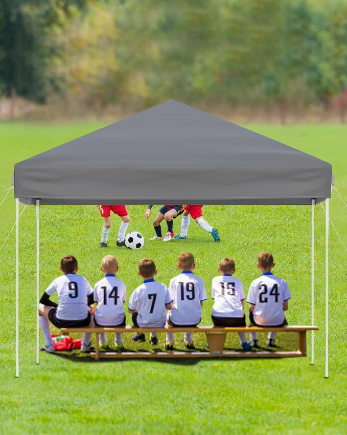 GarveeLife 10x10 Pop Up Canopy with One Sidewalls Easy Up Camping Tent with One Button Push Setup 1 Roller Bag 3 Adjustable Height 4 Weight Bags (New Grey, 10x10 + 1 Sidewall)