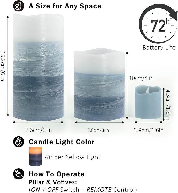FURORA LIGHTING Blue Ombre LED Candles, 8-Pack Set with Remote & Timer | Includes 4 pillars and 4 votives. Creates a serene coastal ocean theme gradient glow throughout any large space.