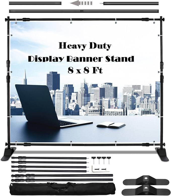 Backdrop Banner Stand 8 x 8 Ft Heavy Duty Adjustable Step and Repeat Stand Booth Banner with Carrying Bag for Parties, Trade Show, Photo Booth, Wall Exhibitor Background