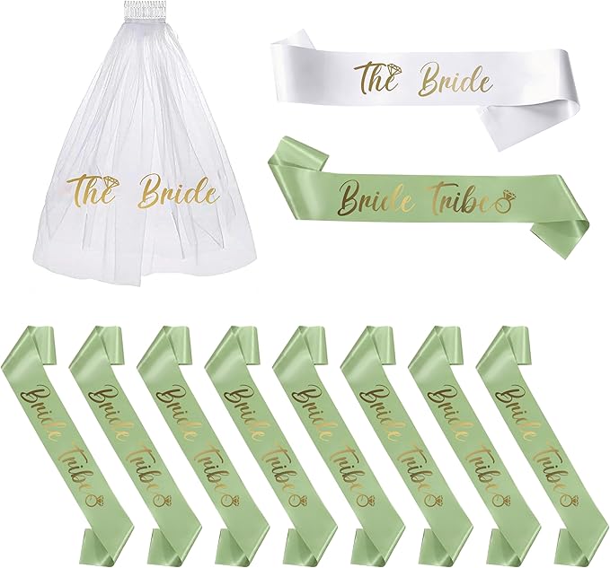 PartyGifts&beyond Bachelorette Party Favors Bride to Be Sash and Veil Set Bachelorette Sashes Bridal Shower Gifts Bride Tribe Sash (Sage Green, 11pcs)