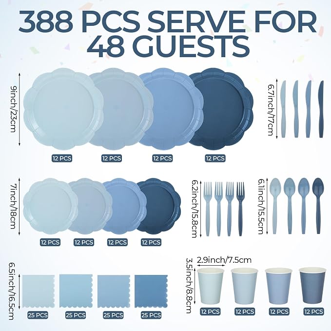 Qinyoung 388 Pcs Dusty Blue Plates and Napkins Party Supplies Tableware Include Disposable Scalloped Plate Paper Napkin Cup Plastic Cutlery for Baby Shower Party Wedding Birthday, 48 Sets