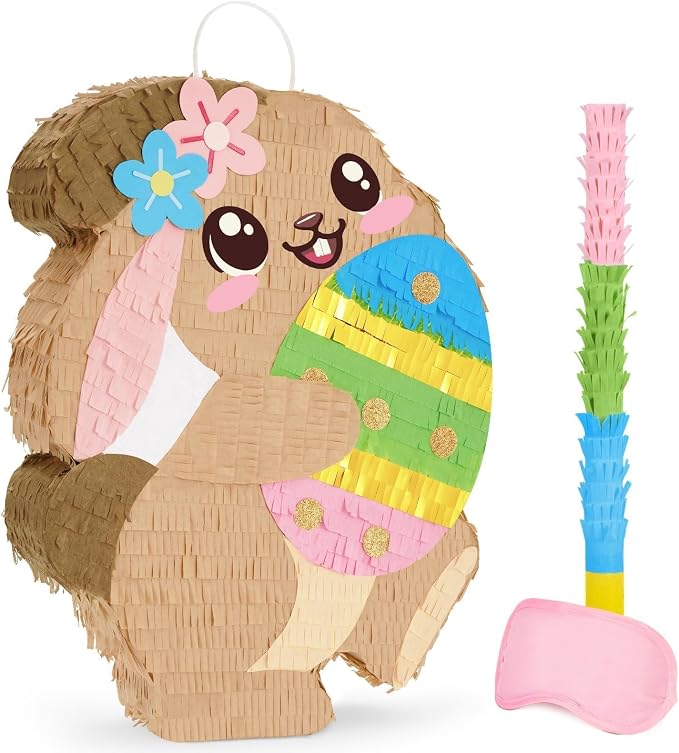 WERNNSAI Easter Bunny Piñata - Easter Piñata with Blindfold and Stick Spring Easter Piñata for Kids Easter Party Decoration Supplies for Birthday Decoration School Spring Party Game