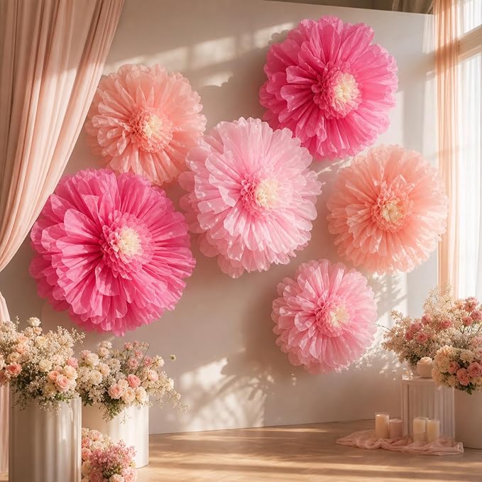 Giegxin 6 Pcs 31.4", 24" Pink, Rose Red Giant Paper Flowers Big Pink Tissue Flowers for Wall Decorations Jumbo Crepe Floral for Wedding Tea Party Baby Shower Classroom Bulletin Board Birthday Backdrop