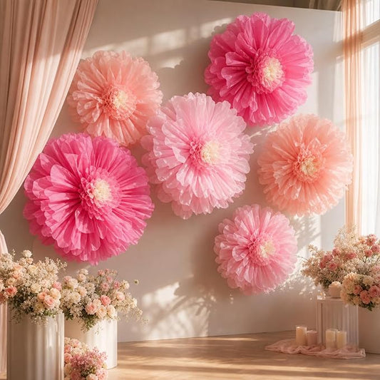 Giegxin 6 Pcs 31.4", 24" Pink, Rose Red Giant Paper Flowers Big Pink Tissue Flowers for Wall Decorations Jumbo Crepe Floral for Wedding Tea Party Baby Shower Classroom Bulletin Board Birthday Backdrop