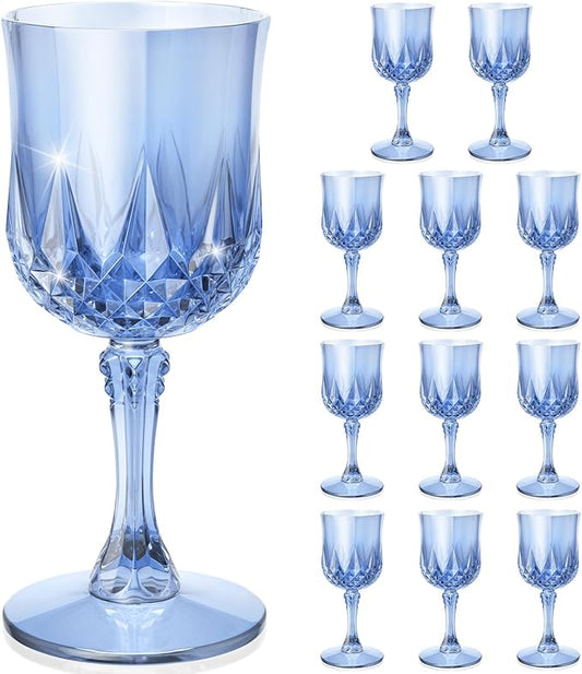 Plastic Wine Glasses, Disposable Plastic Goblets 7.1oz for Wedding Party Holiday, Unbreakable Wine Cups with Stem Vintage for Champagne, Juice, Cocktail (12pcs Blue)