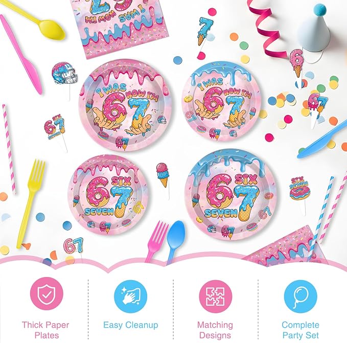 244 PCS Hand-Drawn 6 7 Birthday Decorations for 24 Guests, I Was 6 Now I'm 7 Birthday Party Supplies Set with Plates, Cups, Napkins, Banner & Balloons, Donut Ice Cream Birthday Decorations for Kids