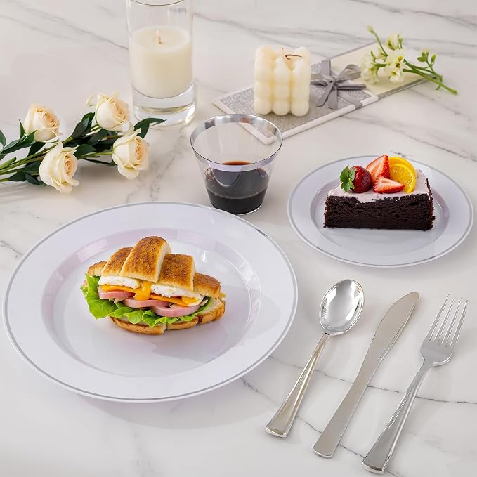 SUT 350 Pcs Silver Plastic Dinnerware Set for 50 Guests, Include: 50 Dinner Plates, 50 Dessert Plates, 50 Pre Rolled Napkins with Silver Silverware, 50 Cups, disposable plates for wedding, party
