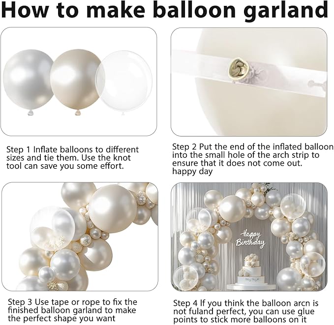 Pearl White Balloons Arch Kit, Double Stuffed White Sand Beige Ivory Balloons Pastel White Bobo Balloons Arch Kit for Wedding Birthday Party Engagement Decorations