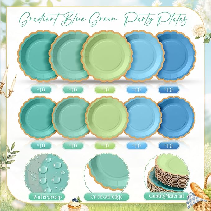 Zhehao 150 Pcs Blue and Green Plates and Napkins Tableware Serves 50 Includes 9 Inch 7 Inch Teal Scalloped Paper Plate and Napkins for Summer Ocean Sea Wedding Birthday Baby Shower Party