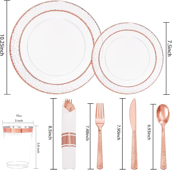 Liacere 350PCS Rose Gold Plastic Plates-Clear Rose Disposable Plates 50 Guests include 50 Dinner Plates,50 Salad Plates,50 Forks,50 Knives,50 Spoons,50 Cups,50 Napkins for Wedding & Party