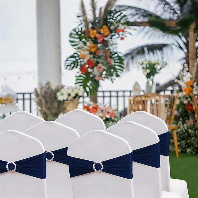 Wedding Navy Blue Chair Sashes 100 Pack Spandex Chair Bands with Buckles Dark Blue Chairs Bows for Party Birthday Bridal Shower Engagement Anniversary Outdoor Event Decorations