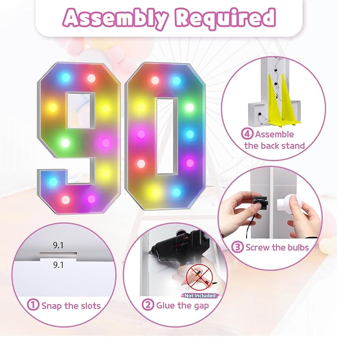 Marquee Numbers Colorful 90th Birthday Decoration: 4FT Large Light Up 90 Year Old Birthday Decorations Anniversary Backdrop Cardboard Sign 18 Colors Number 90 Mosaic Balloon Frame